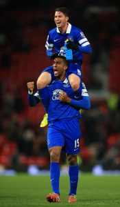 Distin celebrates their win at Man United in 2013 Photo: Simon Stacpoole / Offside.