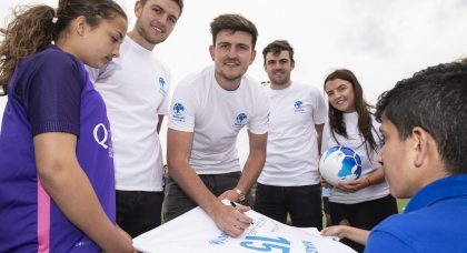 England and Leicester City defender Harry Maguire returns to his old school for Soccer Aid Playground Challenge